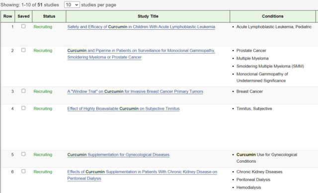 clinical trials for curcumin